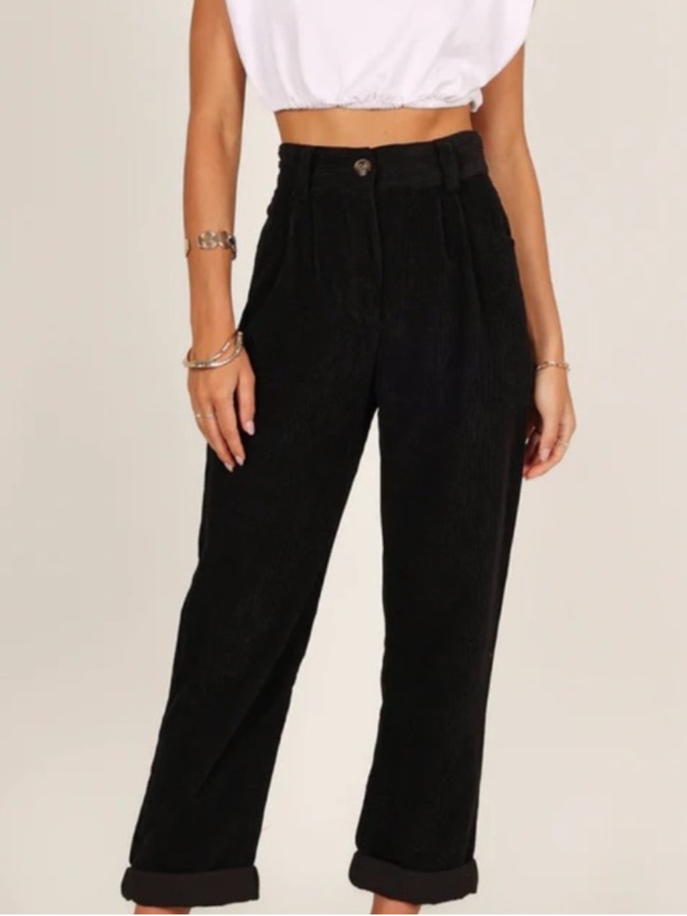 Petal + Pup Women 6 Black High Waist Pleated Talaren Cord Cuffed Ankle Pants NWT